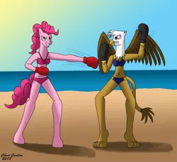 Size: 2562x2340 | Tagged: safe, artist:baroquewolfe, derpibooru import, gilda, pinkie pie, anthro, unguligrade anthro, beach, belly button, bikini, blue swimsuit, boxing, boxing gloves, clothes, fight, image, jpeg, ocean, pink swimsuit, sky, sports, struggling, sun, swimsuit, tail, wings