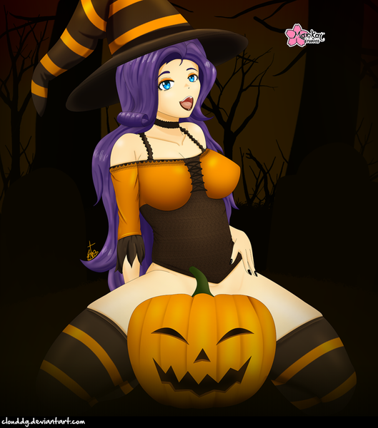 Size: 1251x1420 | Tagged: suggestive, alternate version, artist:clouddg, derpibooru import, rarity, human, equestria girls, breasts, clothes, costume, halloween, halloween costume, holiday, humanized, image, kneeling, lipstick, nail polish, open mouth, partial nudity, png, pumpkin, socks, striped socks, thigh highs