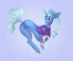 Size: 4000x3314 | Tagged: safe, artist:sukiskuki, derpibooru import, trixie, pony, unicorn, alternate hairstyle, babysitter trixie, butt, clothes, female, hoodie, image, jpeg, mare, plot, solo