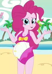 Size: 2524x3549 | Tagged: suggestive, artist:myfavoritepreggopics, derpibooru import, pinkie pie, equestria girls, equestria girls series, beach, belly, big belly, breasts, busty pinkie pie, clothes, dialogue, female, image, looking at you, ocean, palm tree, png, preggy pie, pregnant, pregnant equestria girls, sand, shrug, swimsuit, tree