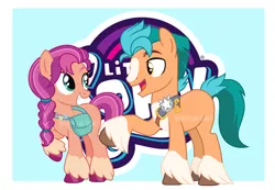 Size: 2430x1681 | Tagged: safe, artist:interstellar-quartz, derpibooru import, hitch trailblazer, sunny starscout, earth pony, pony, badge, bag, braid, female, g5, g5 to g4, grin, image, looking at each other, male, mare, my little pony logo, open mouth, png, raised hoof, smiling, stallion, teeth, unshorn fetlocks