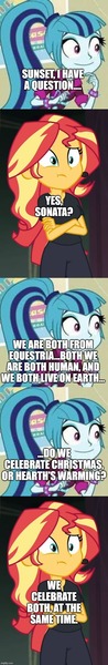 Size: 500x3046 | Tagged: safe, derpibooru import, edit, edited screencap, editor:lord you know who, screencap, sonata dusk, sunset shimmer, equestria girls, christmas, comic, hearth's warming, holiday, image, jpeg, screencap comic