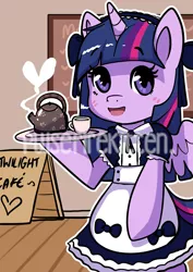 Size: 1280x1810 | Tagged: safe, artist:pulsefirepony, derpibooru import, twilight sparkle, twilight sparkle (alicorn), alicorn, pony, bipedal, blushing, bow, clothes, cup, cute, dress, female, food, heart, image, jpeg, maid, maid cafe, mare, obtrusive watermark, open mouth, solo, tea, teacup, teapot, tray, twiabetes, watermark