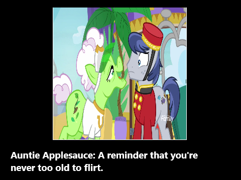 Size: 480x360 | Tagged: safe, derpibooru import, edit, edited screencap, screencap, auntie applesauce, grannies gone wild, bellhop, discovery family logo, image, meme, motivational poster, png, welcome inn, wrong aspect ratio