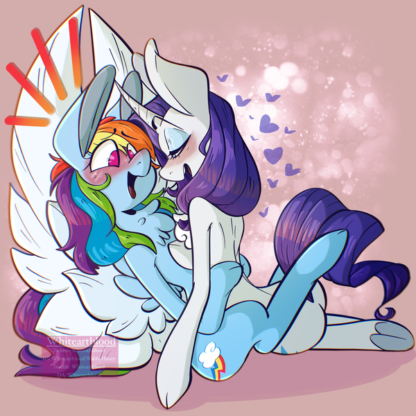 Size: 3000x3000 | Tagged: safe, artist:whiteartblood, derpibooru import, rainbow dash, rarity, pegasus, pony, unicorn, blushing, chest fluff, cuddling, eyes closed, female, image, lesbian, mare, no pupils, open mouth, png, raridash, shipping, sitting, smiling, spread wings, underhoof, watermark, wingboner, wings