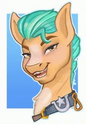 Size: 2503x3634 | Tagged: safe, artist:funkyfurs, derpibooru import, hitch trailblazer, earth pony, pony, abstract background, bust, chest fluff, g5, high res, human teeth, image, jpeg, looking at you, male, open mouth, portrait, solo, stallion, teeth