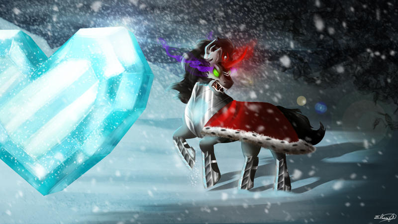 Size: 1280x720 | Tagged: safe, artist:sailesnake, derpibooru import, king sombra, pony, umbrum, unicorn, armor, blizzard, cape, clothes, crystal heart, glowing eyes, glowing horn, horn, image, male, png, sharp teeth, signature, snow, snowfall, solo, sombra eyes, stallion, teeth, turning away