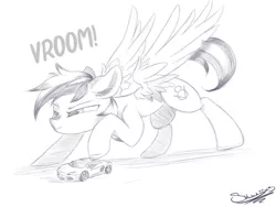 Size: 1024x768 | Tagged: safe, artist:sketchiix3, derpibooru import, oc, oc:flywheel, unofficial characters only, pegasus, pony, car, image, jpeg, sketch, smiling, solo, spread wings, squint, toy car, wings