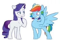 Size: 4933x3312 | Tagged: safe, artist:chub-wub, derpibooru import, rainbow dash, rarity, pegasus, pony, unicorn, alternate hairstyle, bedroom eyes, chest fluff, eyeshadow, female, flexing, grin, image, jpeg, lesbian, makeup, mare, missing cutie mark, one eye closed, open mouth, pointing, raised hoof, raridash, shipping, simple background, smiling, teeth, white background, wink