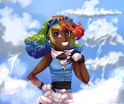 Size: 3445x2894 | Tagged: safe, artist:theladysknight, derpibooru import, rainbow dash, human, alternate hairstyle, belt, clothes, cloud, dark skin, ear piercing, earring, female, gloves, goggles, grin, humanized, image, jacket, jewelry, jpeg, piercing, shorts, sky, sleeveless, smiling, solo, sports shorts, tanktop