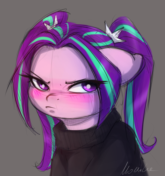 Size: 2280x2436 | Tagged: safe, artist:buttersprinkle, derpibooru import, aria blaze, ponified, pony, equestria girls, rainbow rocks, angry, aria blaze is not amused, ariabetes, blushing, bust, clothes, cute, equestria girls ponified, female, floppy ears, frown, gray background, grumpy, image, madorable, mare, png, simple background, solo, sweater, tsundaria, tsundere, unamused
