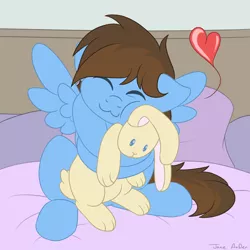 Size: 3500x3500 | Tagged: safe, artist:janeander, derpibooru import, oc, oc:pegasusgamer, unofficial characters only, pegasus, rabbit, animal, bed, colored, cuddling, eyes closed, flat colors, heart, hug, image, png, sitting, stuffed animals, wings