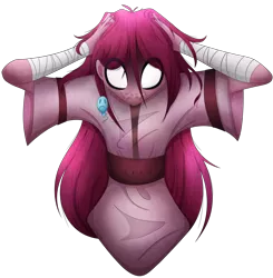 Size: 2617x2665 | Tagged: safe, artist:mywasasi, derpibooru import, pinkie pie, equestria girls, :c, balloon, bandage, creepy, ear piercing, earring, frown, hands on head, image, jewelry, loose hair, piercing, pinkamena diane pie, png, shrunken pupils, simple background, solo, transparent background