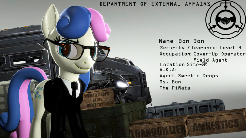 Size: 1920x1080 | Tagged: safe, artist:backmaker, derpibooru import, bon bon, sweetie drops, earth pony, pony, 3d, agent, clothes, glasses, image, jpeg, scp, scp foundation, source filmmaker