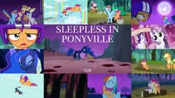 Size: 1972x1109 | Tagged: safe, derpibooru import, edit, edited screencap, editor:quoterific, screencap, apple bloom, applejack, princess luna, rainbow dash, rarity, scootaloo, sweetie belle, pony, sleepless in ponyville, cutie mark crusaders, forest, image, moon, png, rainbow waterfall, tent, tree