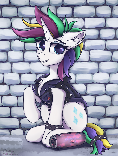 Size: 2800x3700 | Tagged: safe, artist:lakunae, derpibooru import, rarity, pony, unicorn, it isn't the mane thing about you, alternate hairstyle, clothes, female, image, jacket, jbl, looking at you, mare, png, punk, raripunk, sitting, smiling, solo