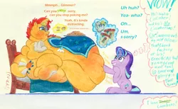 Size: 1460x900 | Tagged: suggestive, artist:white-eyed vireo, derpibooru import, starlight glimmer, sunburst, pony, unicorn, beard, bed, belly, bhm, big belly, bingo wings, butt, cutie mark, derpibooru exclusive, dialogue, duo, facial hair, fat, fat fetish, female, fetish, flabby chest, furniture abuse, huge belly, huge butt, image, immobile, impossibly large belly, impossibly large butt, impossibly large everything, large belly, large butt, magic, male, mare, moobs, morbidly obese, neck roll, obese, png, poking, rolls of fat, shipping, sitting up, socks (coat marking), stallion, starburst, straight, sunblob, telekinesis, traditional art