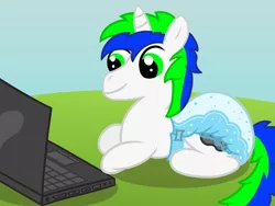 Size: 2000x1500 | Tagged: safe, artist:sweetielover, derpibooru import, oc, pony, unicorn, computer, countryside, diaper, diaper fetish, fetish, image, laptop computer, male, png, poofy diaper, solo, white diaper