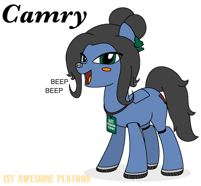 Size: 1088x1003 | Tagged: safe, artist:ethanchang, derpibooru import, ponified, original species, pony, 1st awesome platoon, air freshener, badge, car pony, female, image, looking at you, mare, onomatopoeia, png, solo, toyota, toyota camry