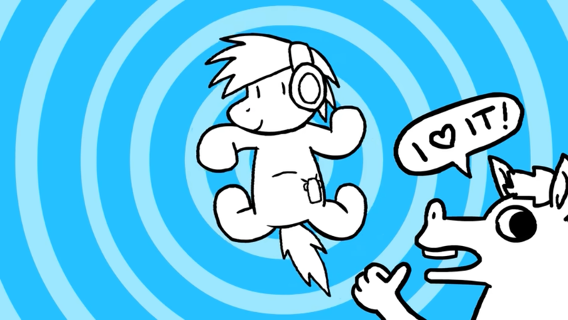 Size: 1366x768 | Tagged: safe, artist:wonchop, derpibooru import, earth pony, pony, 2d, asdfmovie, everybody do the flop, headphones, i love it!, image, looking at you, png, solo, thumbs up