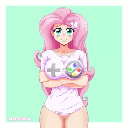 Size: 1000x1000 | Tagged: suggestive, alternate version, artist:morestar, derpibooru import, fluttershy, human, equestria girls, belly button, big breasts, blushing, breasts, busty fluttershy, clothes, crossed arms, female, hairpin, human coloration, humanized, image, looking at you, panties, png, smiling, underwear