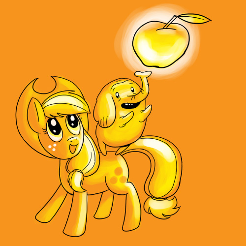 Size: 500x500 | Tagged: safe, artist:carelessdoodler, derpibooru import, applejack, earth pony, pony, adventure time, apple, cowboy hat, crossover, cutie mark, digital art, duo, female, food, freckles, hat, image, jpeg, open mouth, simple background, tail, tree trunks