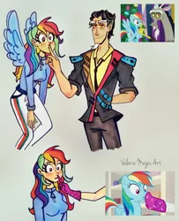 Size: 1802x2219 | Tagged: safe, artist:valeriamagicart, derpibooru import, screencap, discord, rainbow dash, rarity, draconequus, human, pegasus, pony, best gift ever, the end in friend, humanized, image, jpeg, offscreen character, scene interpretation, screencap reference, traditional art, winged humanization, wings