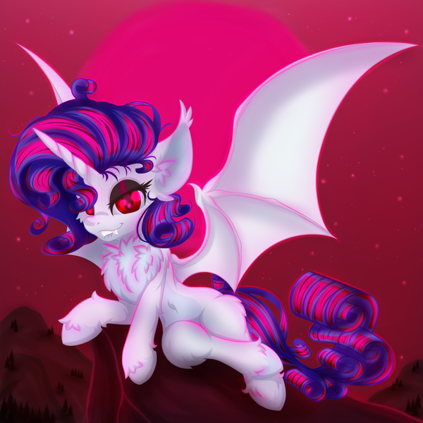 Size: 2500x2500 | Tagged: safe, artist:rurihal, derpibooru import, rarity, alicorn, bat pony, bat pony alicorn, pony, alicornified, bat ponified, bat wings, blood moon, blushing, cloud, ear fluff, female, full moon, horn, image, leg fluff, moon, night, png, race swap, raribat, raricorn, sky, solo, spread wings, stars, wings