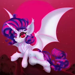 Size: 2500x2500 | Tagged: safe, artist:rurihal, derpibooru import, rarity, alicorn, bat pony, bat pony alicorn, pony, alicornified, bat ponified, bat wings, blood moon, blushing, cloud, ear fluff, female, full moon, horn, image, leg fluff, moon, night, png, race swap, raribat, raricorn, sky, solo, spread wings, stars, wings