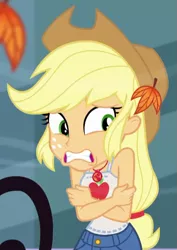 Size: 455x641 | Tagged: safe, derpibooru import, screencap, applejack, equestria girls, equestria girls series, street chic, spoiler:eqg series (season 2), applejack's hat, clothes, cold, cowboy hat, cropped, geode of super strength, hat, image, leaves, magical geodes, png, shivering, sleeveless, solo, tanktop