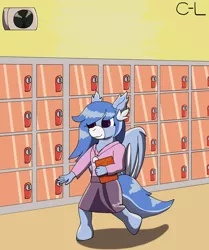 Size: 2480x2971 | Tagged: safe, artist:cyborglucario, derpibooru import, oc, oc:river tailwind, unofficial characters only, anthro, bat pony, pony, unguligrade anthro, bat pony oc, bat wings, book, clothes, female, filly, hairclip, image, jewelry, locker, pendant, png, school, wings