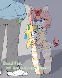 Size: 2000x2500 | Tagged: safe, artist:angelbeat-drift, derpibooru import, oc, oc:anon, oc:iwa, cow, cow pony, human, jirachi, pony, semi-anthro, bipedal, bow, clothes, crying, female, hair bow, hands in pockets, horn, image, mare, panties, pants, plushie, png, pokémon, simple background, socks, standing, striped socks, striped underwear, sweater, tail bow, teary eyes, text, thigh highs, underwear