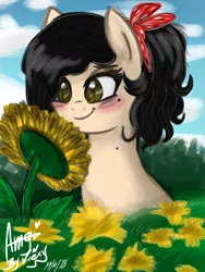 Size: 768x1024 | Tagged: safe, artist:amgiwolf, derpibooru import, oc, oc:amgi, unofficial characters only, earth pony, pony, blushing, bust, cloud, earth pony oc, eyelashes, female, flower, image, mare, outdoors, png, signature, smiling, sunflower