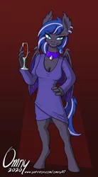 Size: 400x726 | Tagged: safe, artist:omny87, derpibooru import, oc, oc:kassy nighty, anthro, bat pony, unguligrade anthro, anthro oc, bat pony oc, bat wings, blue eyes, clothes, cocktail, cocktail dress, cocktail glass, dress, ear piercing, fangs, female, image, jewelry, jpeg, necklace, patreon, patreon reward, piercing, solo, wings