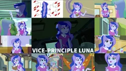 Size: 1968x1108 | Tagged: safe, derpibooru import, edit, edited screencap, editor:quoterific, screencap, princess celestia, princess luna, sunset shimmer, a banner day, equestria girls, equestria girls (movie), friendship games, legend of everfree, photo finished, rainbow rocks, brooch, clipboard, clothes, cutie mark, cutie mark accessory, cutie mark brooch, cutie mark on clothes, duo, duo female, female, hat, image, jewelry, microphone, misspelling, open mouth, png, principal celestia, thinking, vice principal luna