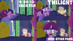 Size: 2000x1125 | Tagged: safe, derpibooru import, edit, edited screencap, editor:quoterific, screencap, fluttershy, twilight sparkle, twilight sparkle (alicorn), alicorn, pegasus, pony, a health of information, bag, bed, bipedal, eyes closed, hoof over mouth, image, non stick pans, open mouth, png, saddle bag, sleeping, tired eyes