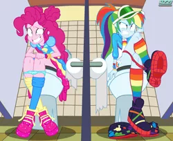 Size: 6000x4900 | Tagged: suggestive, artist:uzzi-ponydubberx, derpibooru import, pinkie pie, rainbow dash, equestria girls, equestria girls series, sunset's backstage pass!, spoiler:eqg series (season 2), bathroom, but why, canterlot high, clothes, crossed legs, cutie mark, geode of sugar bombs, image, implied pooping, magical geodes, oh boy, oh god, panties, panties around legs, png, rainbow socks, sitting on toilet, socks, striped socks, taking a dump, toilet, toilet paper, toilet paper roll, underwear