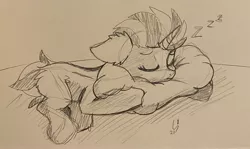 Size: 3024x1806 | Tagged: safe, artist:midnight story, derpibooru import, oc, oc:jaded bullet, unofficial characters only, pony, unicorn, derpibooru exclusive, ear fluff, eyes closed, female, fluffy, gift art, horn, image, jpeg, lying down, mare, monochrome, onomatopoeia, pillow, sketch, sleeping, sound effects, traditional art, zzz