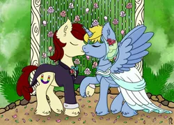 Size: 1280x915 | Tagged: safe, artist:dawn-designs-art, derpibooru import, oc, oc:lunar master, oc:redman, alicorn, earth pony, alicorn oc, clothes, dress, female, flower, horn, husband and wife, image, jpeg, kissing, male, marriage, romantic, rose, tuxedo, wedding, wedding dress, wedding night, wedding veil, wings