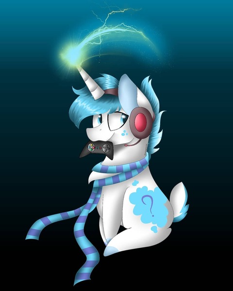 Size: 1080x1350 | Tagged: safe, artist:rxndxm.artist, derpibooru import, oc, unofficial characters only, pony, unicorn, clothes, controller, gradient background, headset, horn, image, jpeg, mouth hold, scarf, sitting, smiling, sparking horn, unicorn oc