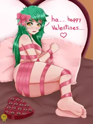 Size: 1500x2000 | Tagged: suggestive, artist:focusb, derpibooru import, wallflower blush, equestria girls, ass, bed, bedroom, blushing, bow, breasts, butt, chocolate, food, gift wrapped, hair bow, holiday, human coloration, image, jpeg, legs, naked ribbon, partial nudity, pillow, ribbon bikini, thighs, valentine's day, wallflower butt