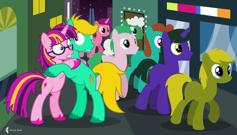 Size: 11200x6400 | Tagged: safe, artist:parclytaxel, artist:starponys87, derpibooru import, oc, oc:david starlyre, oc:nightlight sparkleheart, unofficial characters only, earth pony, pegasus, pony, unicorn, .svg available, absurd resolution, background pony, bipedal, city, female, glasses, hug, image, lights, male, mare, monthly reward, png, scared, silhouette, stallion, street, unshorn fetlocks, vector