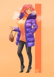 Size: 1400x2000 | Tagged: safe, artist:sozglitch, derpibooru import, sunset shimmer, equestria girls, big breasts, breasts, busty sunset shimmer, clothes, coat, female, floating heart, heart, high heels, huge breasts, image, jacket, jpeg, leggings, orange background, purse, shoes, simple background, solo, stiletto heels, sweater, sweater dress, visible breath