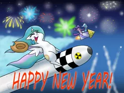 Size: 1600x1200 | Tagged: safe, artist:banebuster, derpibooru import, princess celestia, starlight glimmer, trixie, alicorn, pony, unicorn, series:tiny tia, 2021, cowboy hat, dr. strangelove, eyes closed, female, fireworks, happy new year, hat, holiday, image, jpeg, mare, missile, nuclear weapon, open mouth, pointy ponies, rocket, this will end in death, this will not end well, toy interpretation, trixie's rocket, weapon