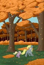 Size: 3000x4400 | Tagged: safe, artist:iron curtain, derpibooru import, derpy hooves, dinky hooves, pegasus, pony, unicorn, autumn, equestria's best daughter, equestria's best mother, eyes closed, falling leaves, female, filly, foal, forest, image, leaves, mare, mother and child, mother and daughter, open mouth, painting, png, smiling, tree