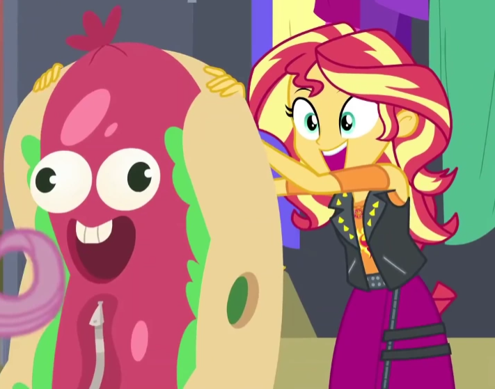 Size: 711x559 | Tagged: safe, derpibooru import, screencap, sunset shimmer, costume conundrum, costume conundrum: sunset shimmer, equestria girls, equestria girls series, spoiler:eqg series (season 2), cropped, female, geode of empathy, hot dog costume, image, magical geodes, png