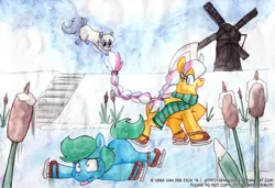 Size: 1200x819 | Tagged: safe, artist:genolover, derpibooru import, oc, oc:ember, oc:ember (hwcon), oc:glace (hwcon), hearth's warming con, ice skating, image, netherlands, png, tulip, windmill