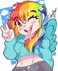 Size: 1674x2048 | Tagged: safe, artist:galaxynightt, derpibooru import, rainbow dash, human, blush sticker, blushing, clothes, cloud, colored pupils, cute, dashabetes, female, hoodie, humanized, image, jpeg, looking at you, midriff, one eye closed, open mouth, peace sign, short shirt, solo, tongue out, winged humanization, wings, wink