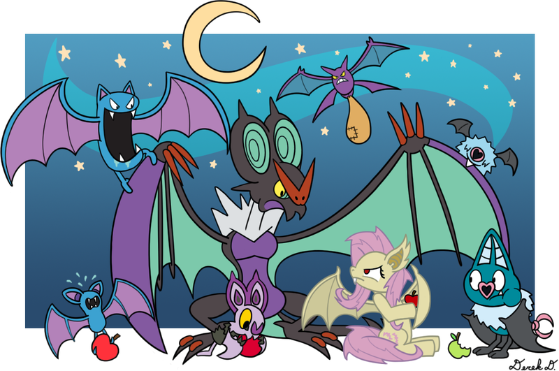 Size: 1203x798 | Tagged: safe, artist:skidaro, derpibooru import, fluttershy, bat, bat pony, crobat, golbat, noibat, noivern, swoobat, woobat, zubat, apple, bat ponified, crossover, eating, flutterbat, food, frown, glare, hoof hold, image, moon, nom, png, pokémon, race swap, spread wings, stars, wide eyes, wings