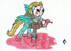 Size: 1604x1170 | Tagged: grimdark, artist:assertiveshypony, derpibooru import, lightning dust, pegasus, pony, baseball bat, blood, clothes, drawing, hockey mask, image, implied rainbow dash, jacket, jpeg, mask, simple background, traditional art, white background